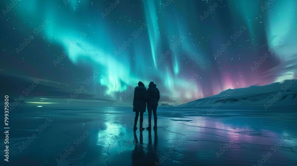 Aurora borealis over frozen lake with couple admiring the night sky