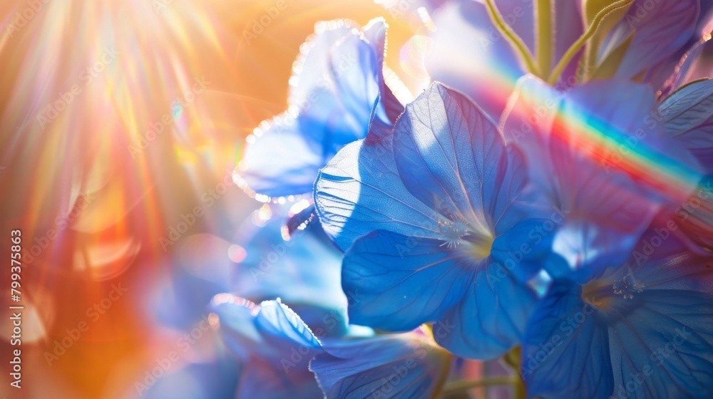 Closeup blue flower petals and sun rainbow glare.