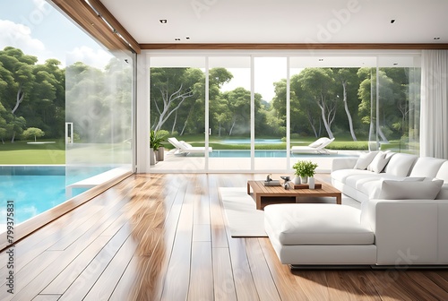 Modern style white house interior with wooden terrace 3d render decorated with white furniture There are large open sliding door Overlooking swimming pool and nature view