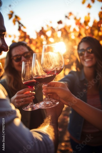 Friends toasting with red wine in vineyard during autumn photo