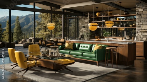Modern living room interior with large windows and mountain views © Adobe Contributor