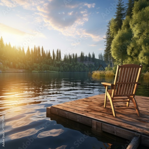 Wooden dock extending out into a calm lake with trees and mountains in the background