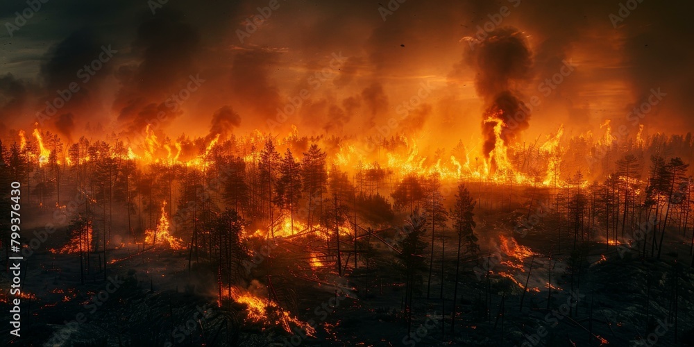A large forest fire burns through the trees