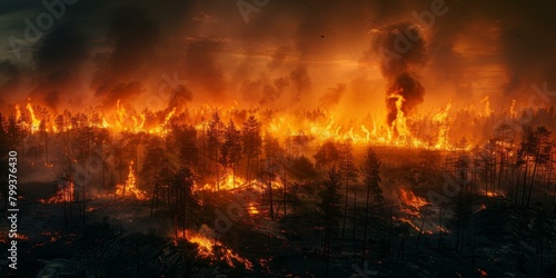 A large forest fire burns through the trees