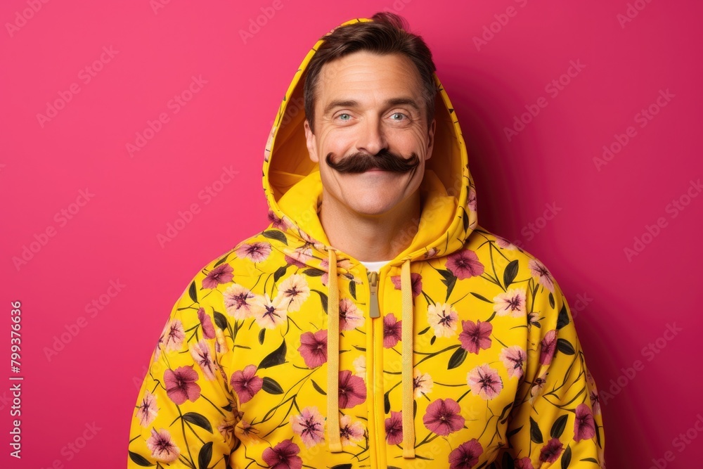 Portrait of a mustachioed smiling middle-aged man wearing a yellow sweatshirt with a floral pattern Portrait of a mustachioed smiling middle-aged man wearing a yellow sweatshirt with a floral pattern