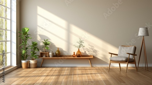 An empty room with a large window, a wooden table, a chair, and some plants