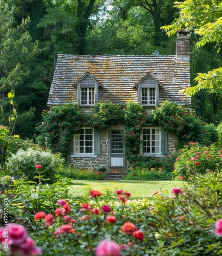 Small stone cottage with flower garden