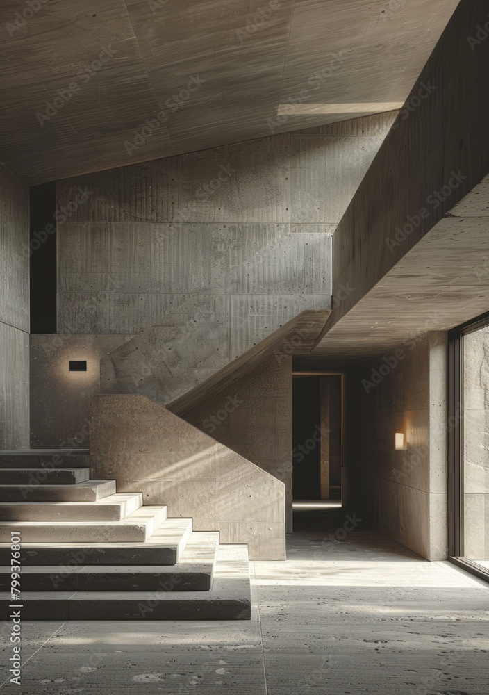 Fototapeta premium Wooden stairs in a modern concrete building