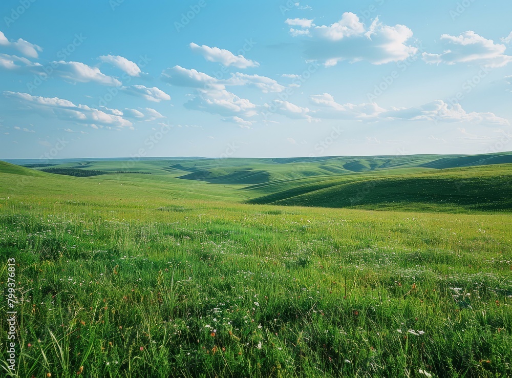 Vast green rolling hills under a blue sky with white clouds