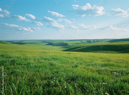 Vast green rolling hills under a blue sky with white clouds