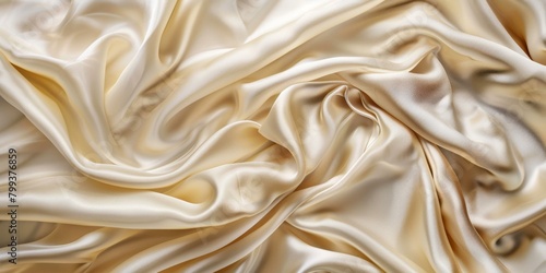 Close-up of a luxurious beige silk fabric with soft waves and folds