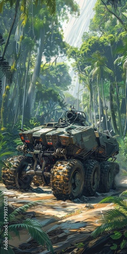 The futuristic armored vehicle rides through the jungle photo