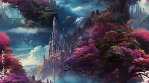 Fantasy landscape with a castle on a floating island