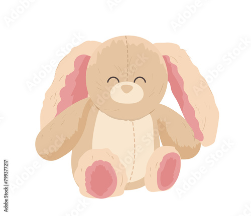 Happy cute little bunny plush baby toy cartoon vector illustration isolated on white background