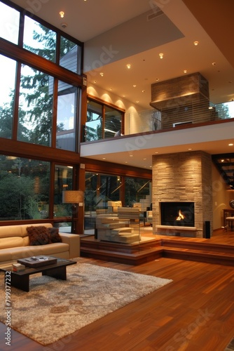 Modern house interior living room with fireplace and large windows