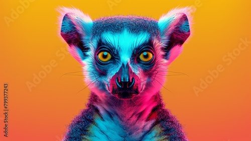  A tight shot of a small animal with vibrant hues adorning its face and an eccentric expression