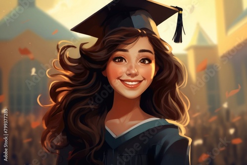 Portrait of a young smiling female graduate, illustration