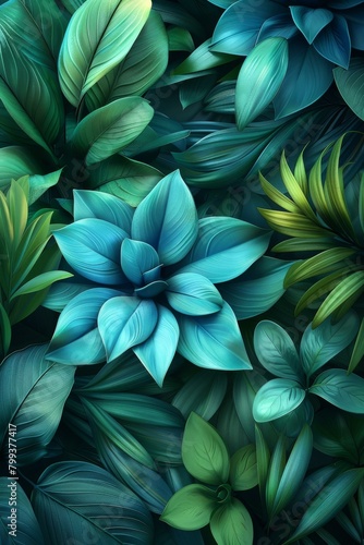 Blue and Green Leaves and Flowers