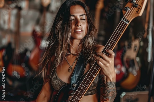 Sensual woman playing bass guitar with closed eyes photo