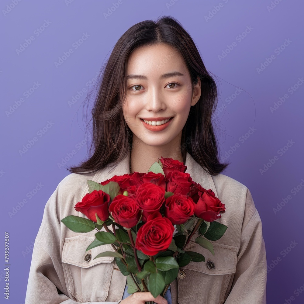Asian woman holding a bouquet of red roses and smiling Asian woman holding a bouquet of red roses and smiling