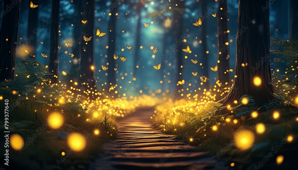 A swarm of fireflies lighting up a dark forest path, with their glow softly illuminating A swarm of fireflies lighting up a dark forest path, with their glow softly illuminating