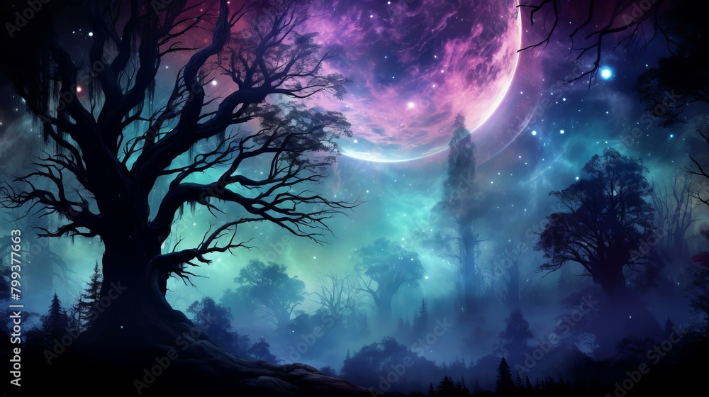 Mystical moonlit forest landscape with gnarled tree and distant mountains Mystical moonlit forest landscape with gnarled tree and distant mountains