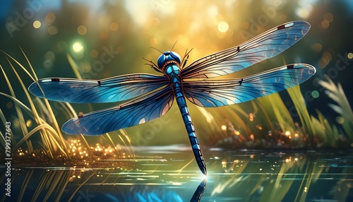  A vibrant, metallic blue dragonfly hovering above a pond, with blurred green reeds 