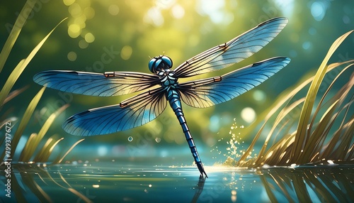  A vibrant, metallic blue dragonfly hovering above a pond, with blurred green reeds  © Jay Kat.