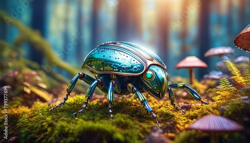 An imaginative alien beetle with iridescent armor exploring a mossy forest floor,  photo