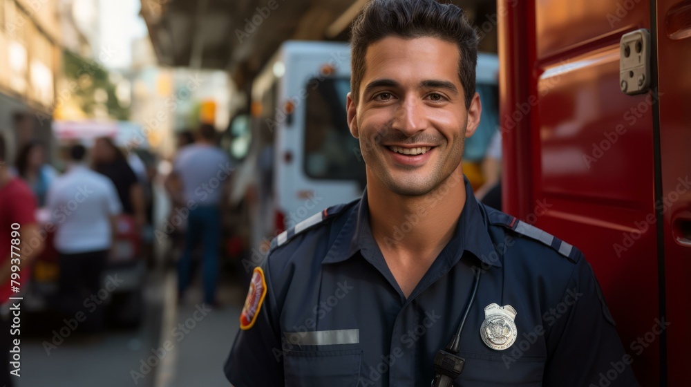 Portrait of a smiling firefighter in front of a fire truck