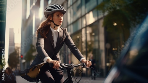 businesswoman go to work at office stand and smiling wear backpack with bicycle on street around building on a city. Bike commuting, Commute on bike, Business commuter concept. photo