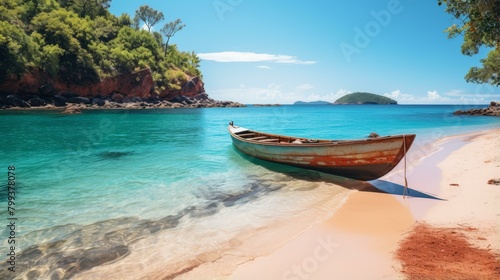 Wooden boat on a tropical beach with white sand and clear blue water