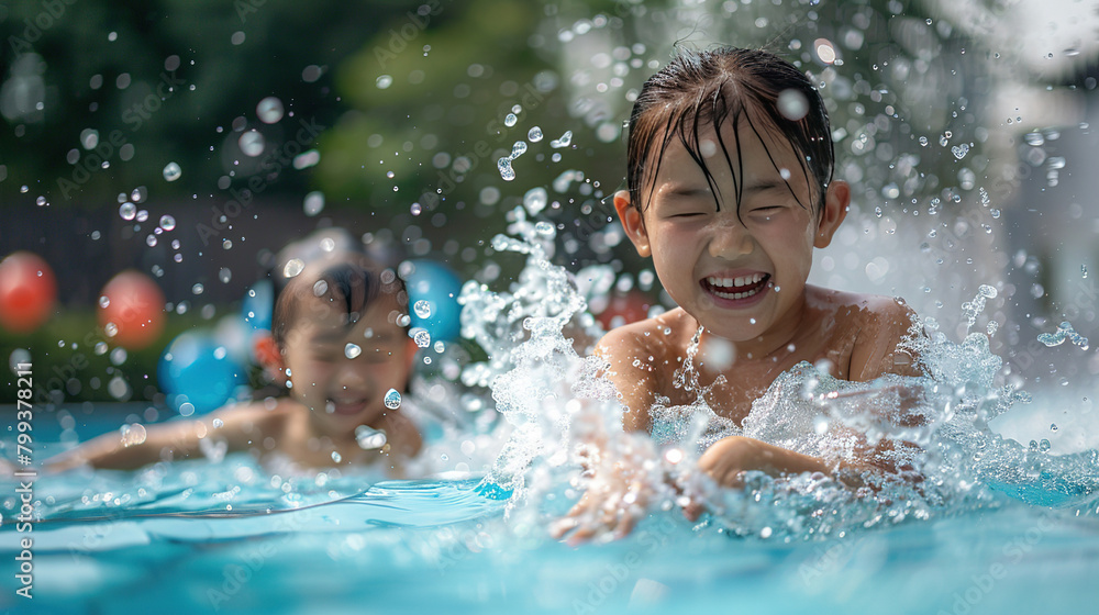 portrait of a Chinese girl swimming in the pool on a sunny summer day and having fun during the holidays. Children playing in the pool