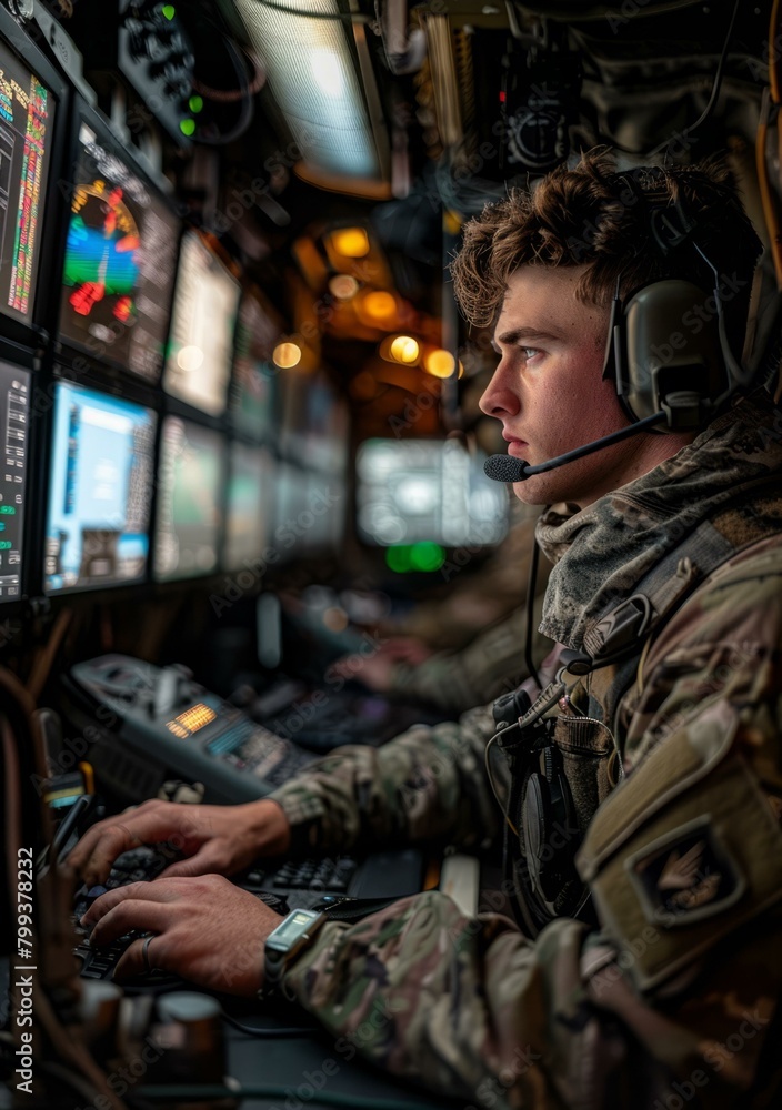 A soldier wearing a headset operates a computer system.