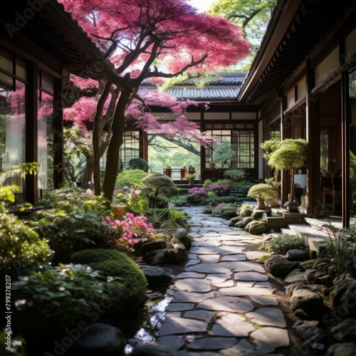 Japanese garden with pink flowers and stone path