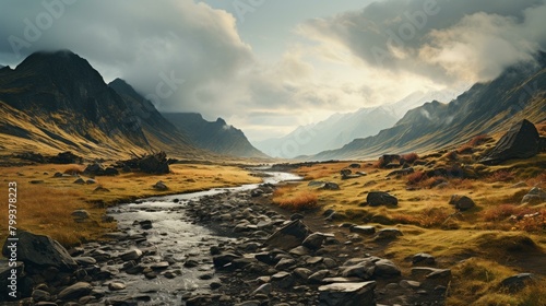 Rocky Mountains Landscape with River and Mountains in the Background photo