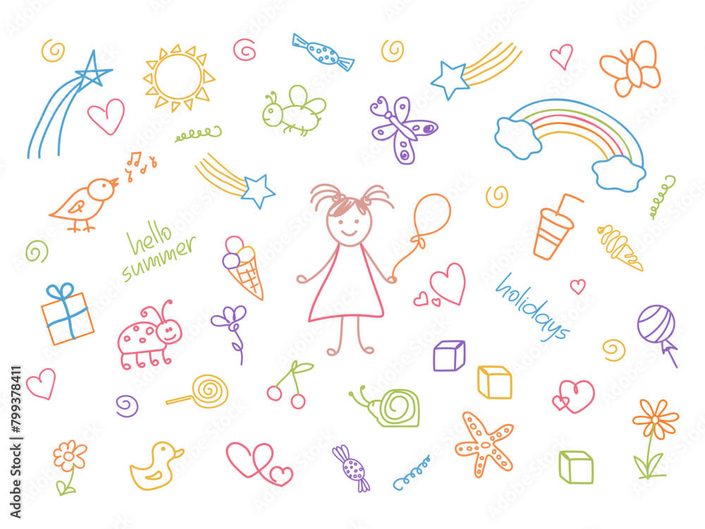 Cute doodle icon set of happy girl childhood. Summer vacation abstract outline drawn elements collection. Colorful art illustration. Kids drawings background