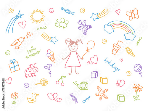 Cute doodle icon set of happy girl childhood. Summer vacation abstract outline drawn elements collection. Colorful art illustration. Kids drawings background