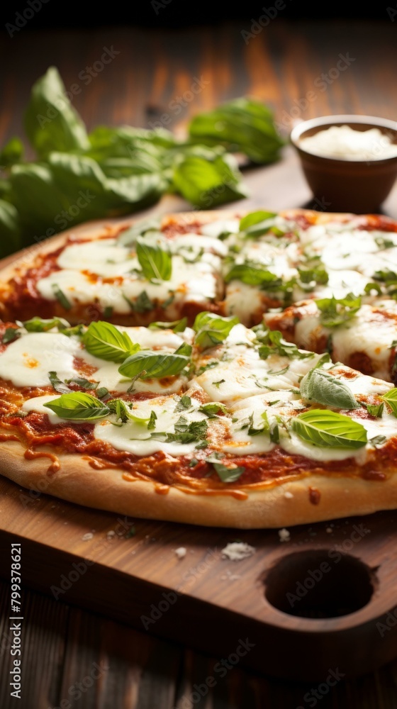 Pizza with fresh basil leaves on a wooden cutting board