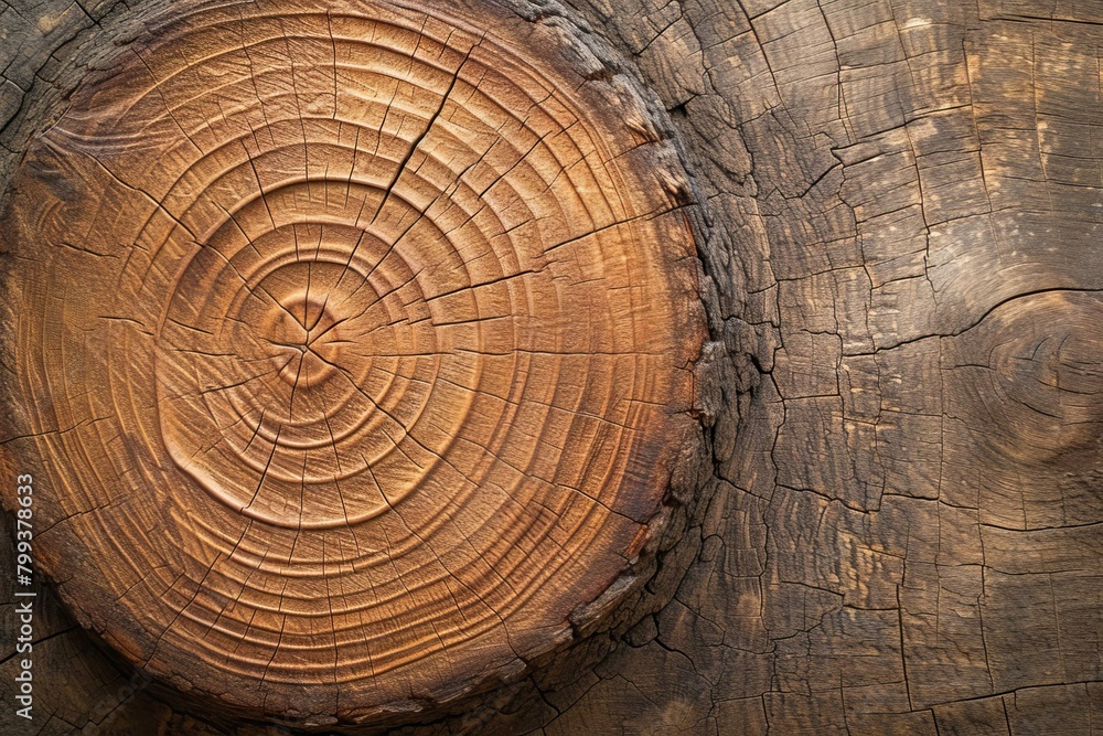 Naklejka premium A wooden cross section of a tree trunk with visible annual growth rings.
