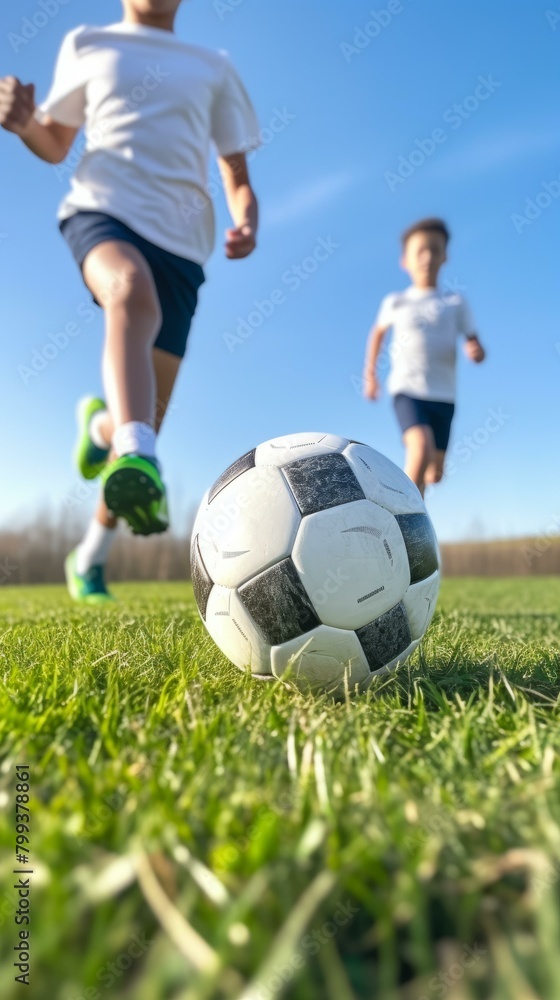 Two boys playing soccer on a field