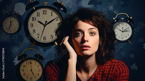 A young woman looking at the alarm clock with a worried expression