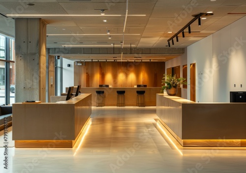 Modern hotel lobby interior with wood and stone elements