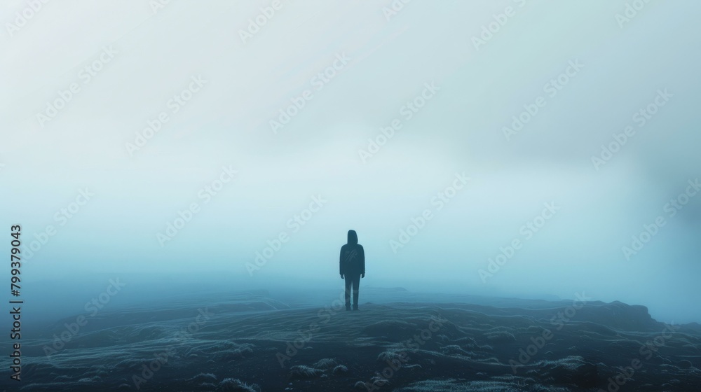 alone man standing on the rock in the middle of the sea of fog alone man standing on the rock in the middle of the sea of fog
