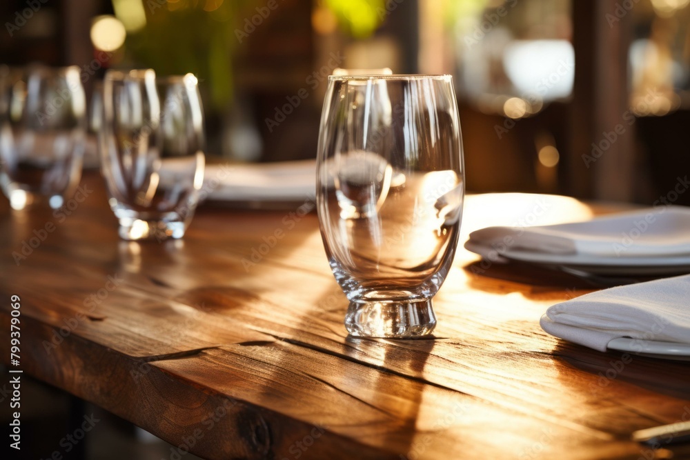 An empty glass on a wooden table in a restaurant An empty glass on a wooden table in a restaurant