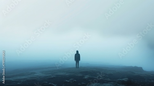 alone man standing on the rock in the middle of the sea of fog