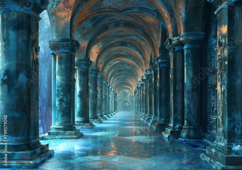 Mystical blue stone corridor with glowing crystals