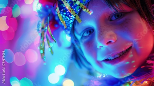 Closeup of a Dreamy Child Amidst a Glow of Festive Lights