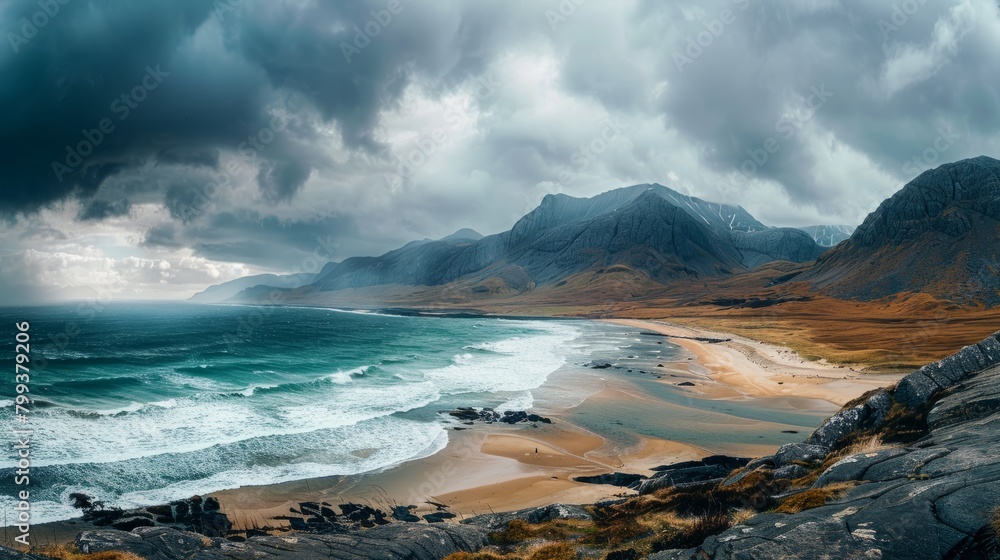 Majestic Mountains Looming over Windswept Ocean Shore