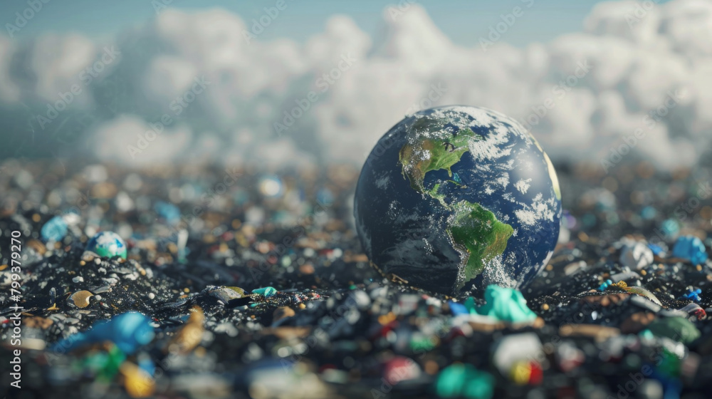 An environment concept with a globe of Planet Earth washed up on a beach with litter, plastic and pollution
